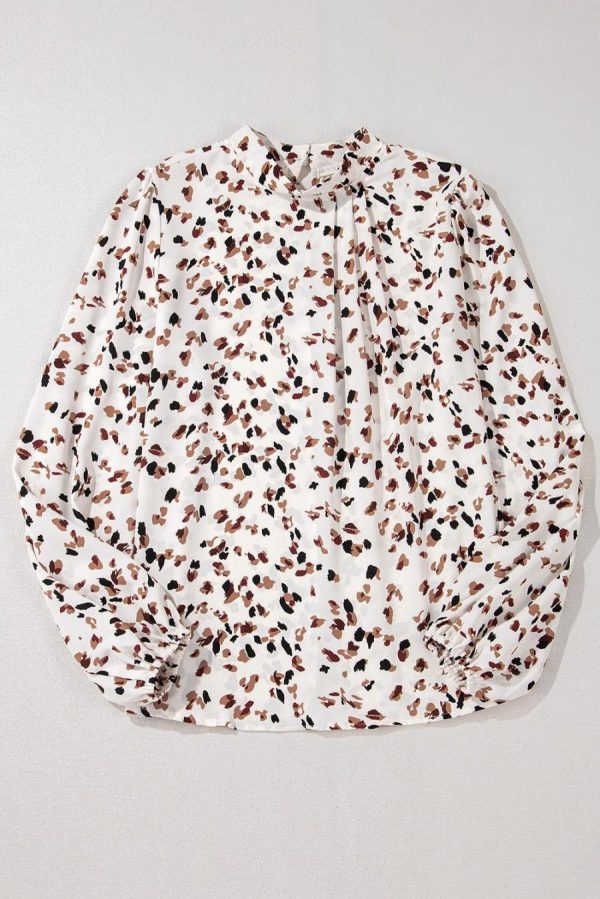 Blouses | White Leopard Print Puff Sleeve Mock Neck Pleated Blouse - Women