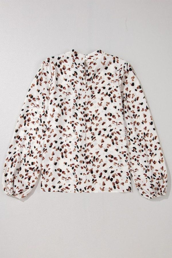 Blouses | White Leopard Print Puff Sleeve Mock Neck Pleated Blouse - Women - Image 2