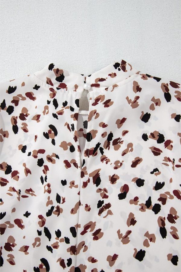Blouses | White Leopard Print Puff Sleeve Mock Neck Pleated Blouse - Women - Image 4