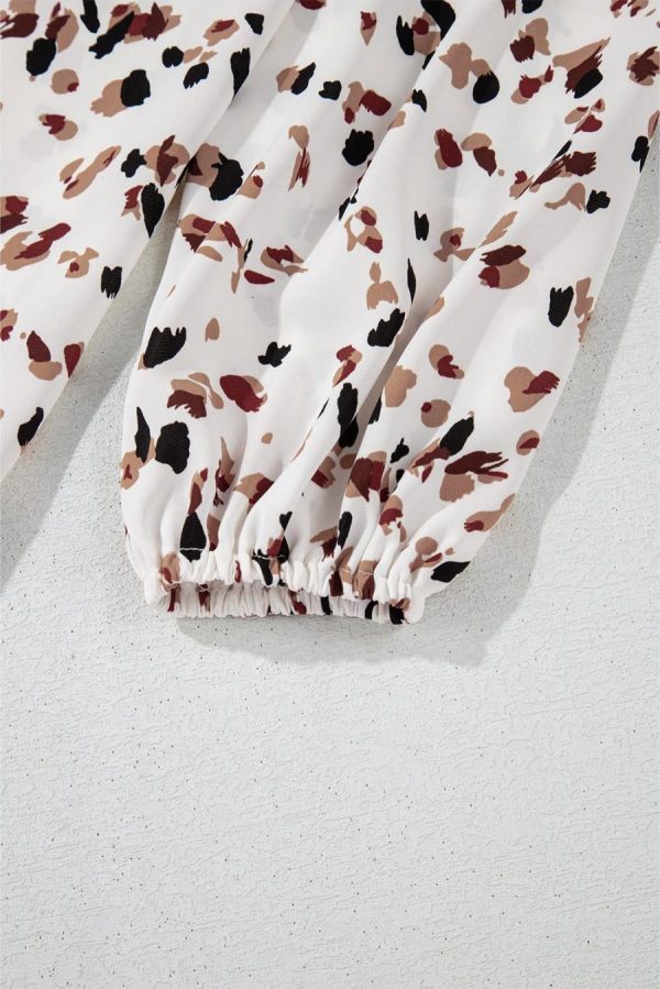 Blouses | White Leopard Print Puff Sleeve Mock Neck Pleated Blouse - Women - Image 5