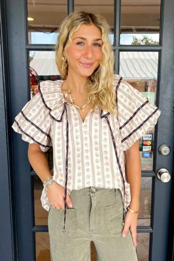 Blouses | White Ruffle V-Neck Floral Print Short Sleeve Blouse - Women