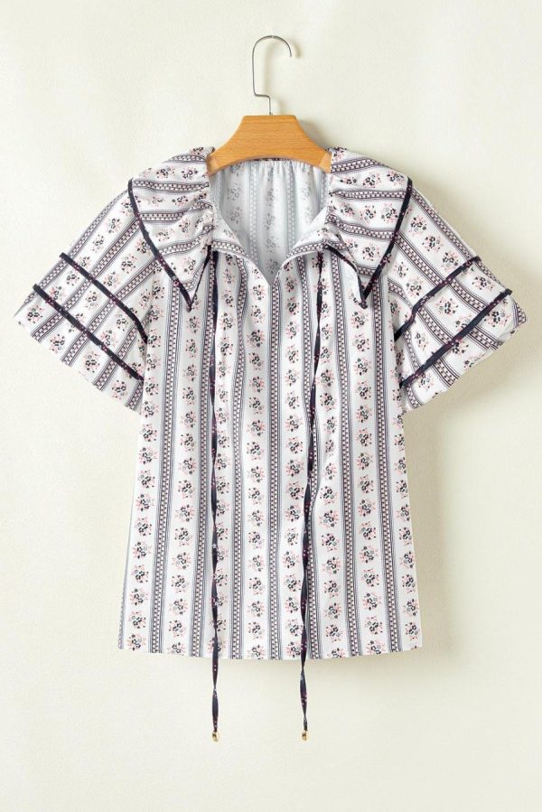 Blouses | White Ruffle V-Neck Floral Print Short Sleeve Blouse - Women - Image 2