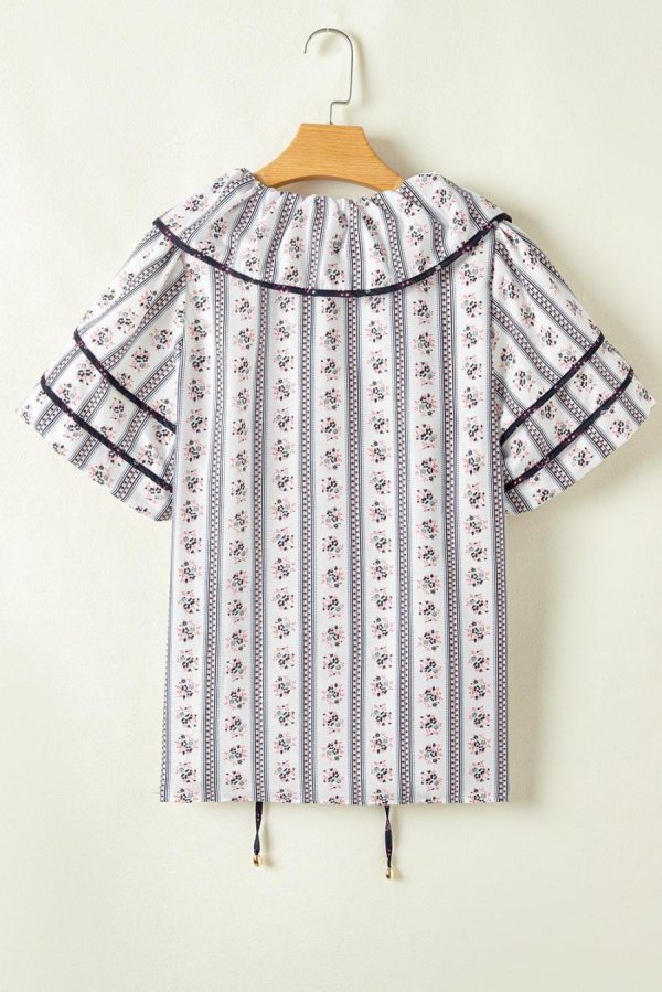 Blouses | White Ruffle V-Neck Floral Print Short Sleeve Blouse - Women - Image 3