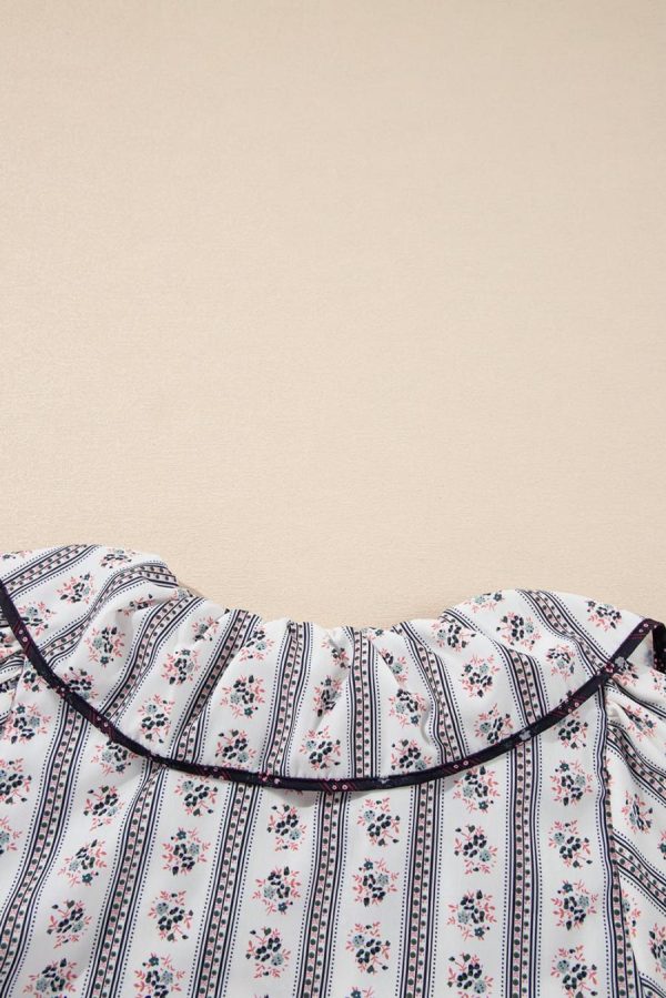 Blouses | White Ruffle V-Neck Floral Print Short Sleeve Blouse - Women - Image 5