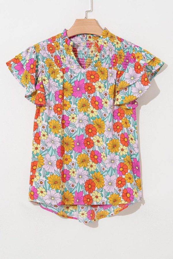 Blouses | Yellow Floral Print Shirred Ruffled Sleeve Blouse - Women - Image 5