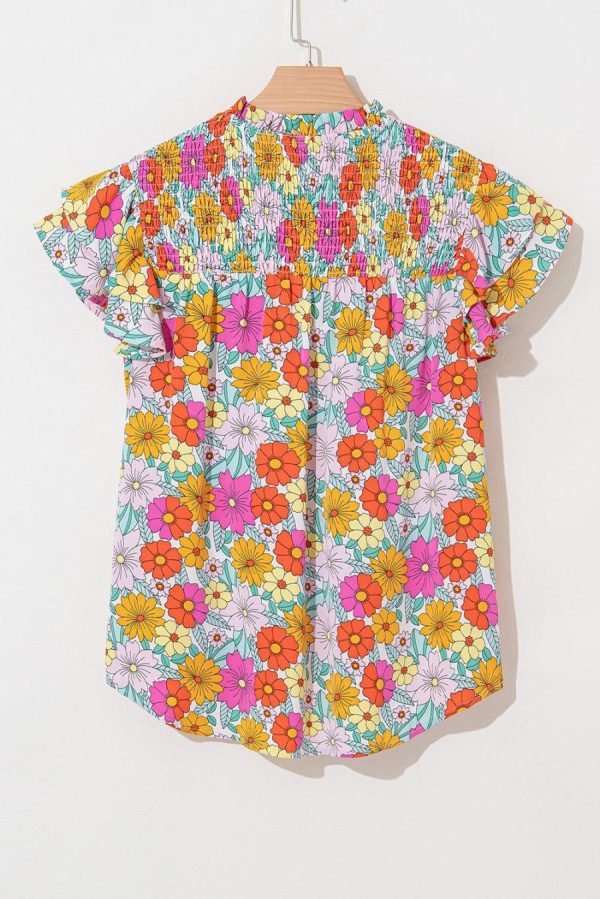 Blouses | Yellow Floral Print Shirred Ruffled Sleeve Blouse - Women - Image 6