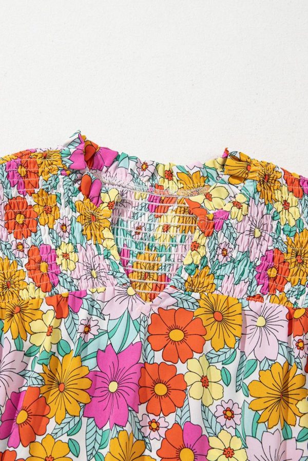 Blouses | Yellow Floral Print Shirred Ruffled Sleeve Blouse - Women - Image 7