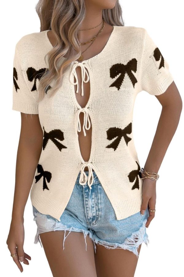 Knit Tops | Beige Bow Tie Front Short Sleeve Knit Top - Women - Image 2