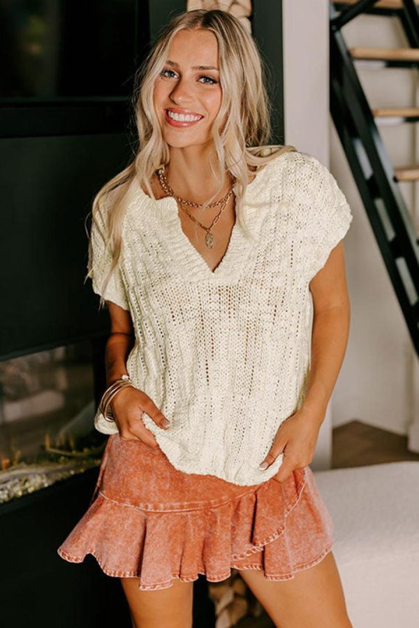 Knit Tops | Beige Notched V Neck Short Sleeve Knit Top - Women