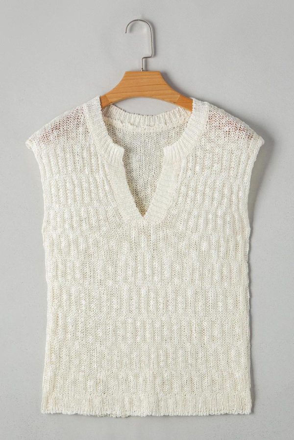 Knit Tops | Beige Notched V Neck Short Sleeve Knit Top - Women - Image 5