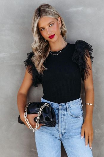 Knit Tops | Black Dotty Layered Ruffle Sleeve Casual Ribbed Knit Top - Women