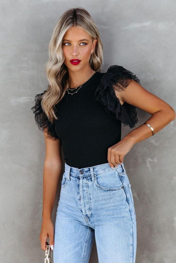 Knit Tops | Black Dotty Layered Ruffle Sleeve Casual Ribbed Knit Top - Women - Image 2