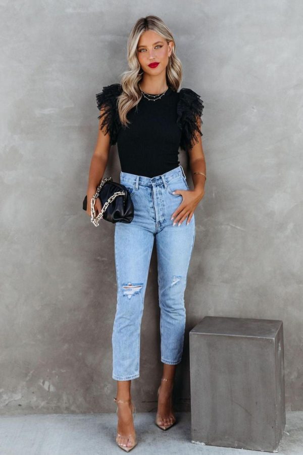 Knit Tops | Black Dotty Layered Ruffle Sleeve Casual Ribbed Knit Top - Women - Image 3