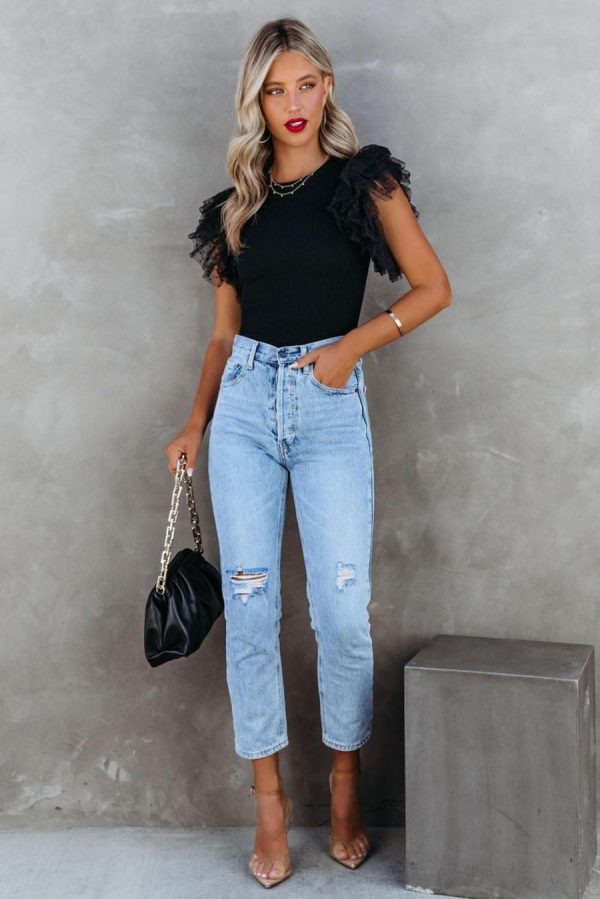Knit Tops | Black Dotty Layered Ruffle Sleeve Casual Ribbed Knit Top - Women - Image 5