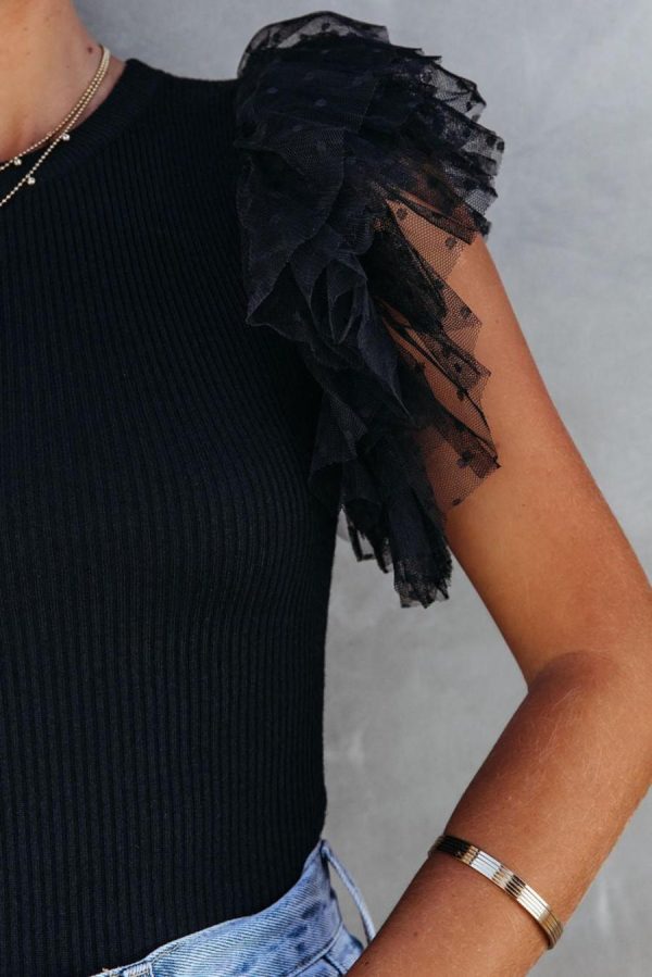 Knit Tops | Black Dotty Layered Ruffle Sleeve Casual Ribbed Knit Top - Women - Image 6