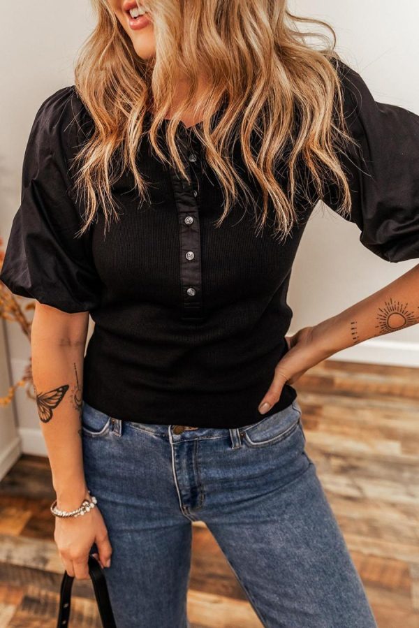 Knit Tops | Black Ribbed Patchwork Puff Sleeve Henley Slim Fit Top - Women - Image 2