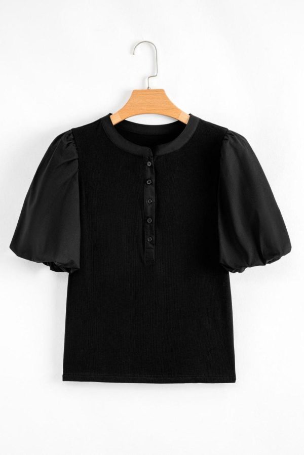 Knit Tops | Black Ribbed Patchwork Puff Sleeve Henley Slim Fit Top - Women - Image 3