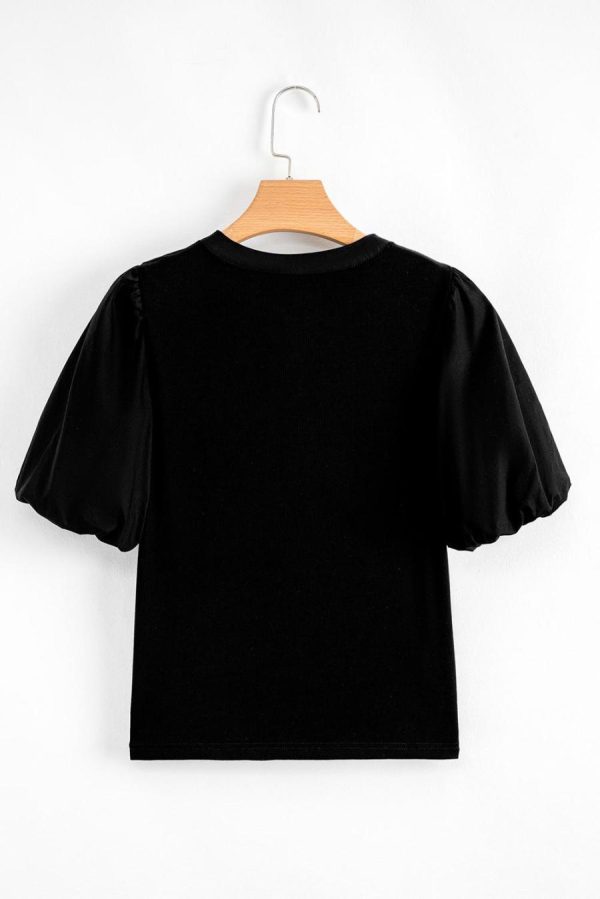 Knit Tops | Black Ribbed Patchwork Puff Sleeve Henley Slim Fit Top - Women - Image 4