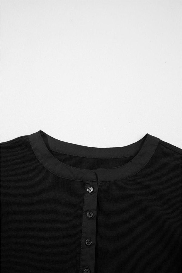 Knit Tops | Black Ribbed Patchwork Puff Sleeve Henley Slim Fit Top - Women - Image 5