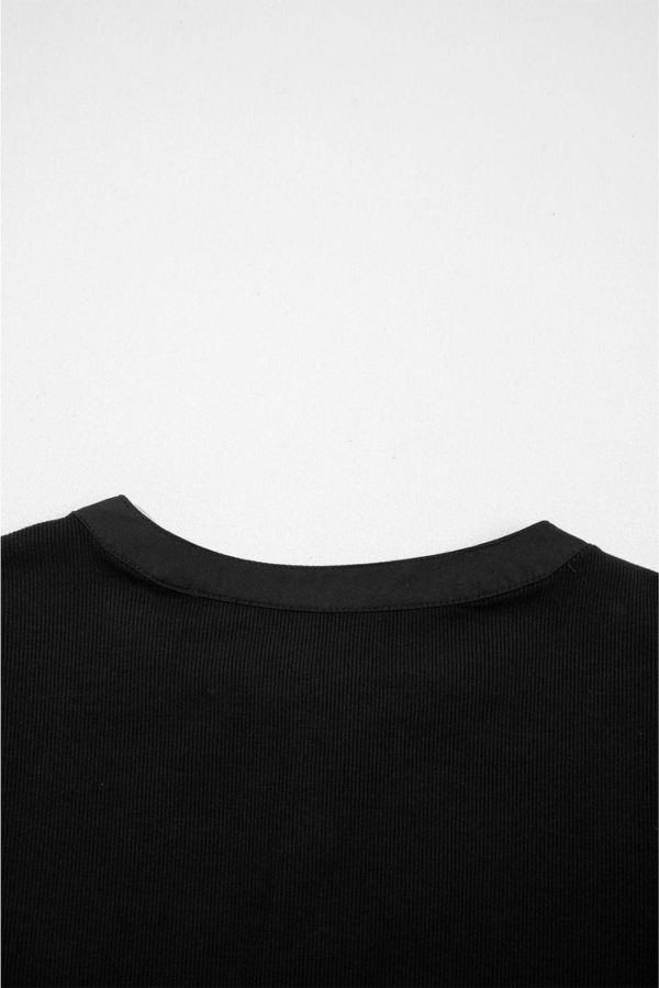 Knit Tops | Black Ribbed Patchwork Puff Sleeve Henley Slim Fit Top - Women - Image 6