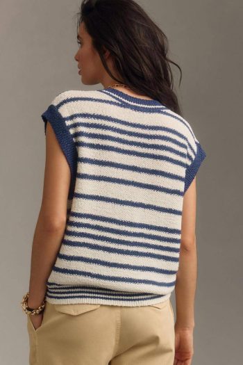 Knit Tops | Blue Stripe Loose Buttoned V Neck Knit Vest - Women