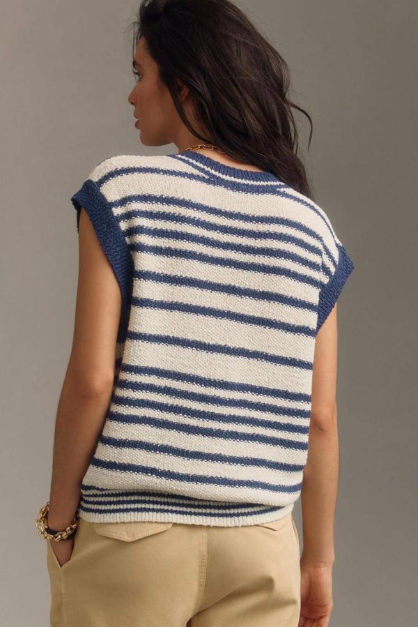 Knit Tops | Blue Stripe Loose Buttoned V Neck Knit Vest - Women