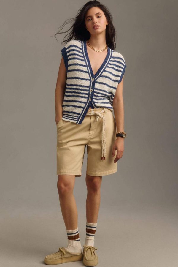 Knit Tops | Blue Stripe Loose Buttoned V Neck Knit Vest - Women - Image 2