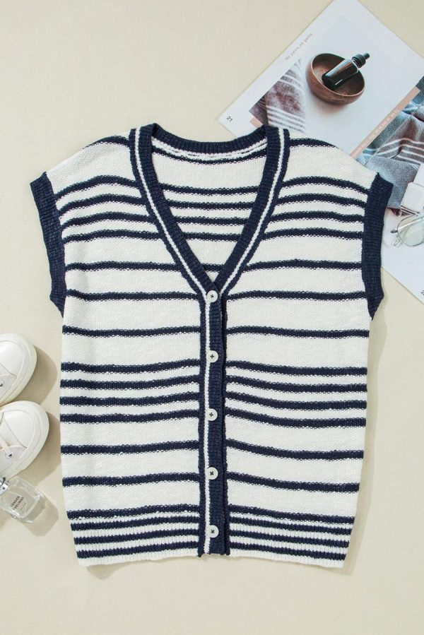 Knit Tops | Blue Stripe Loose Buttoned V Neck Knit Vest - Women - Image 4
