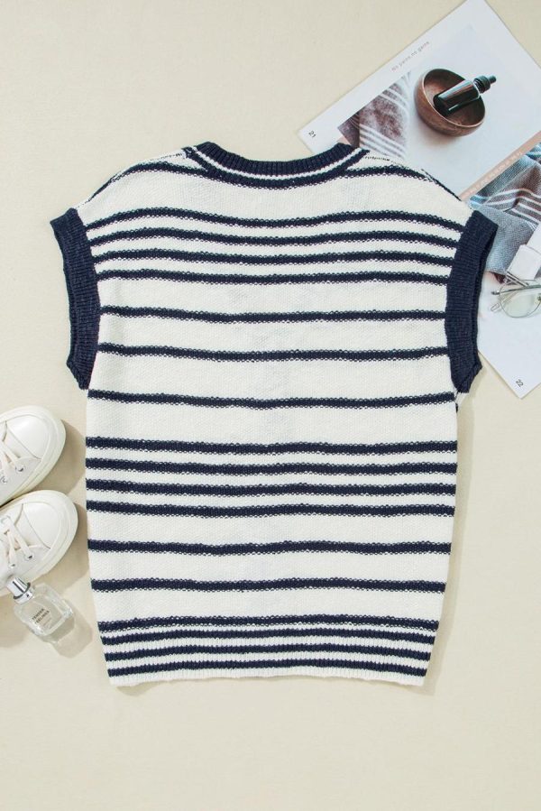 Knit Tops | Blue Stripe Loose Buttoned V Neck Knit Vest - Women - Image 5