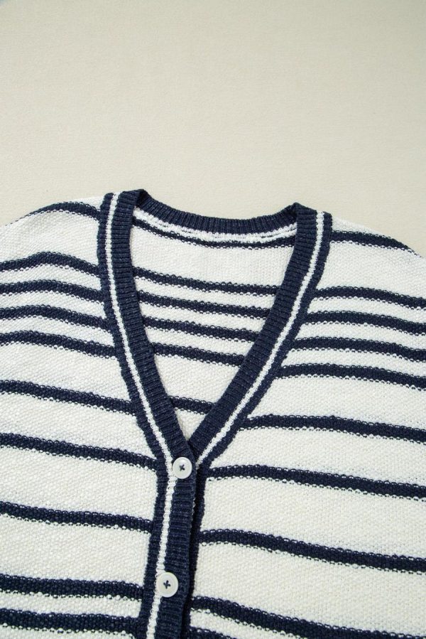 Knit Tops | Blue Stripe Loose Buttoned V Neck Knit Vest - Women - Image 6