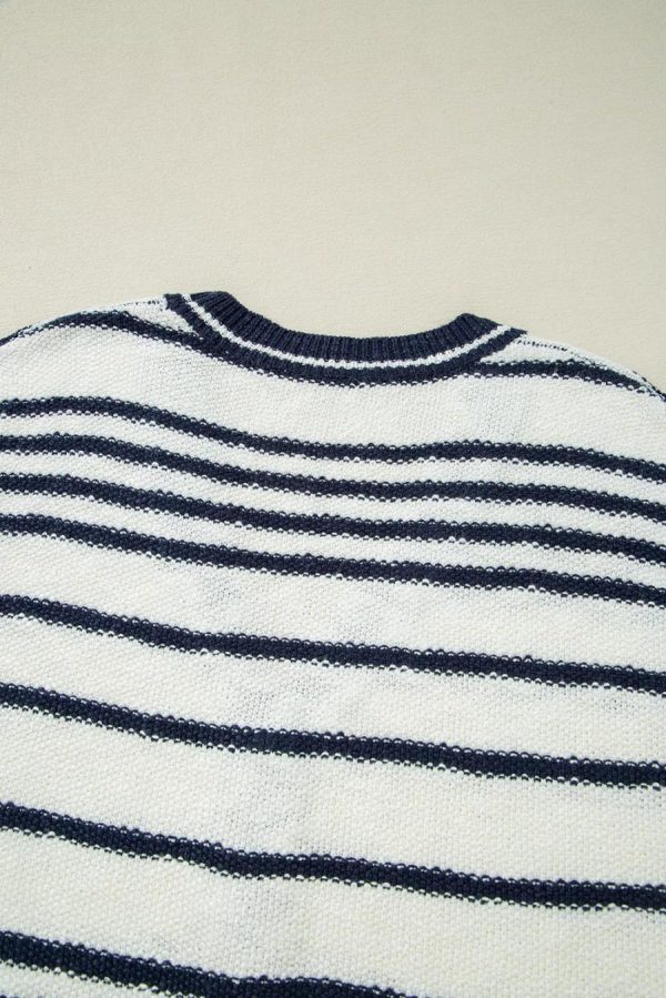 Knit Tops | Blue Stripe Loose Buttoned V Neck Knit Vest - Women - Image 7