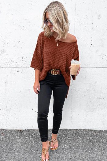 Knit Tops | Brown Solid Color Rib-Knit Drop Sleeve Side Slits Top - Women