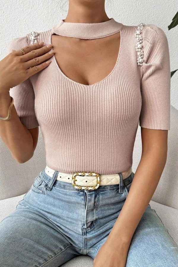 Knit Tops | Delicacy Pearl Embellished U Neck Short Sleeve Knit Top - Women - Image 2