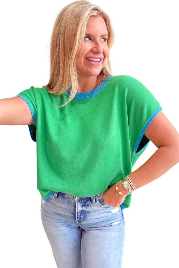 Knit Tops | Green Contrast Trim Round Neck Short Sleeve Loose Knit Top - Women - Image 3