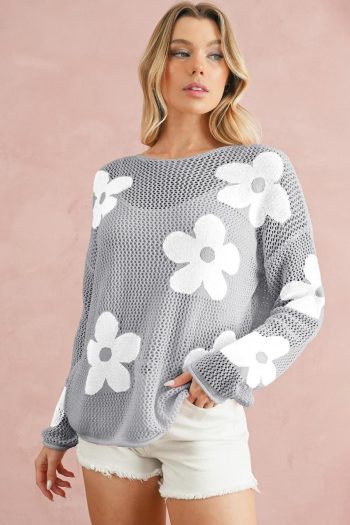 Knit Tops | Light Grey 60S Flower Drop Shoulder Hollow Knit Top - Women