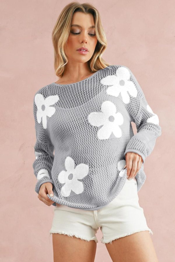 Knit Tops | Light Grey 60S Flower Drop Shoulder Hollow Knit Top - Women - Image 2