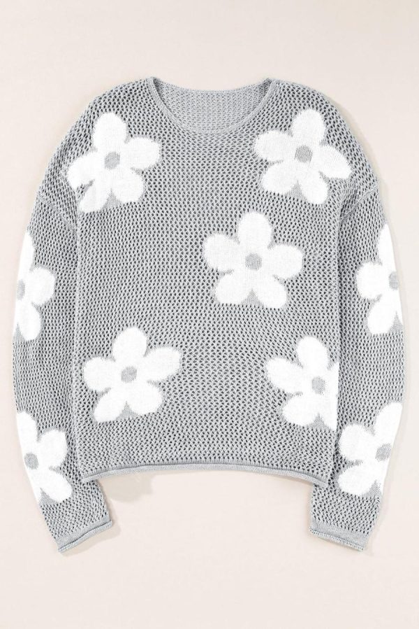 Knit Tops | Light Grey 60S Flower Drop Shoulder Hollow Knit Top - Women - Image 4