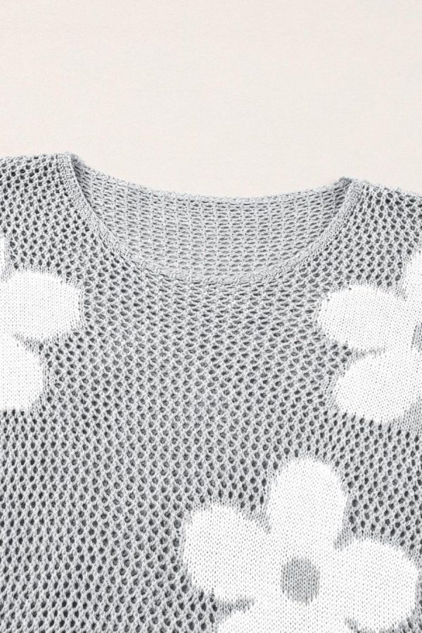 Knit Tops | Light Grey 60S Flower Drop Shoulder Hollow Knit Top - Women - Image 6