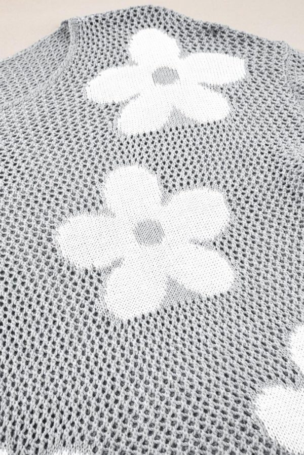 Knit Tops | Light Grey 60S Flower Drop Shoulder Hollow Knit Top - Women - Image 7