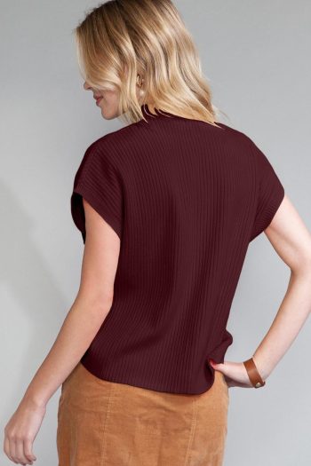 Knit Tops | Mineral Red Patch Pocket Ribbed Knit Short Sleeve Sweater - Women