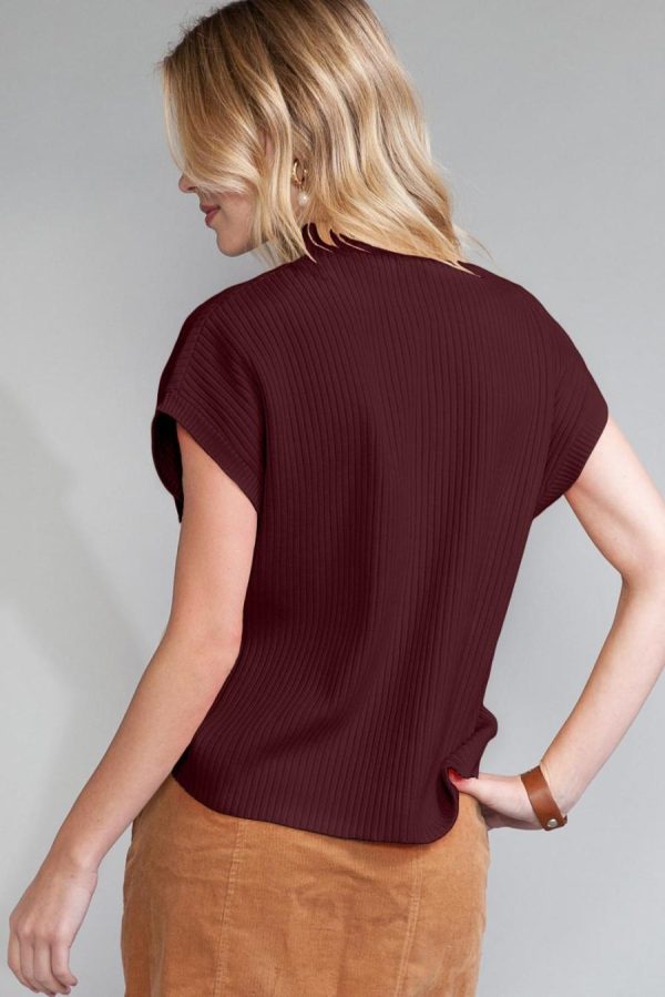 Knit Tops | Mineral Red Patch Pocket Ribbed Knit Short Sleeve Sweater - Women