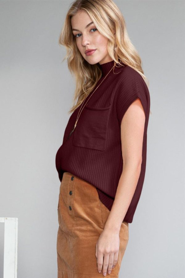 Knit Tops | Mineral Red Patch Pocket Ribbed Knit Short Sleeve Sweater - Women - Image 2