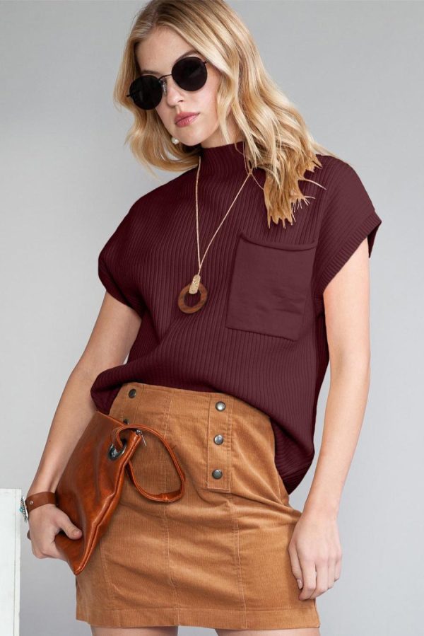 Knit Tops | Mineral Red Patch Pocket Ribbed Knit Short Sleeve Sweater - Women - Image 3