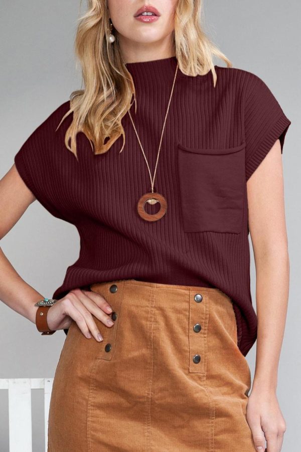 Knit Tops | Mineral Red Patch Pocket Ribbed Knit Short Sleeve Sweater - Women - Image 4
