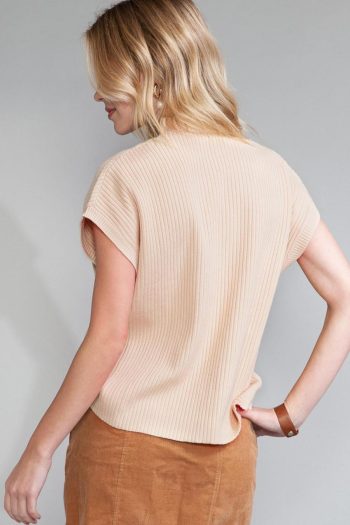 Knit Tops | Oatmeal Patch Pocket Ribbed Knit Short Sleeve Sweater - Women