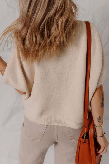 Knit Tops | Oatmeal Pearl Bow Embellished Dolman Short Sleeve Sweater - Women