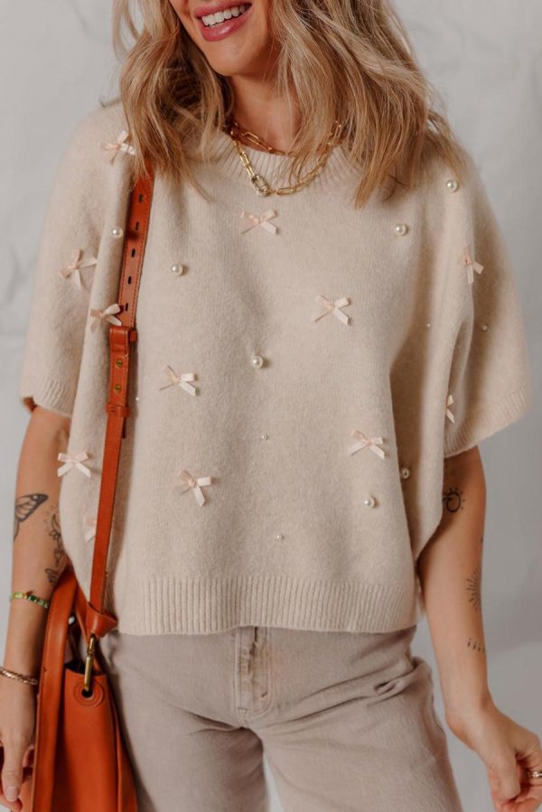 Knit Tops | Oatmeal Pearl Bow Embellished Dolman Short Sleeve Sweater - Women - Image 2