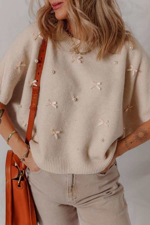 Knit Tops | Oatmeal Pearl Bow Embellished Dolman Short Sleeve Sweater - Women - Image 3