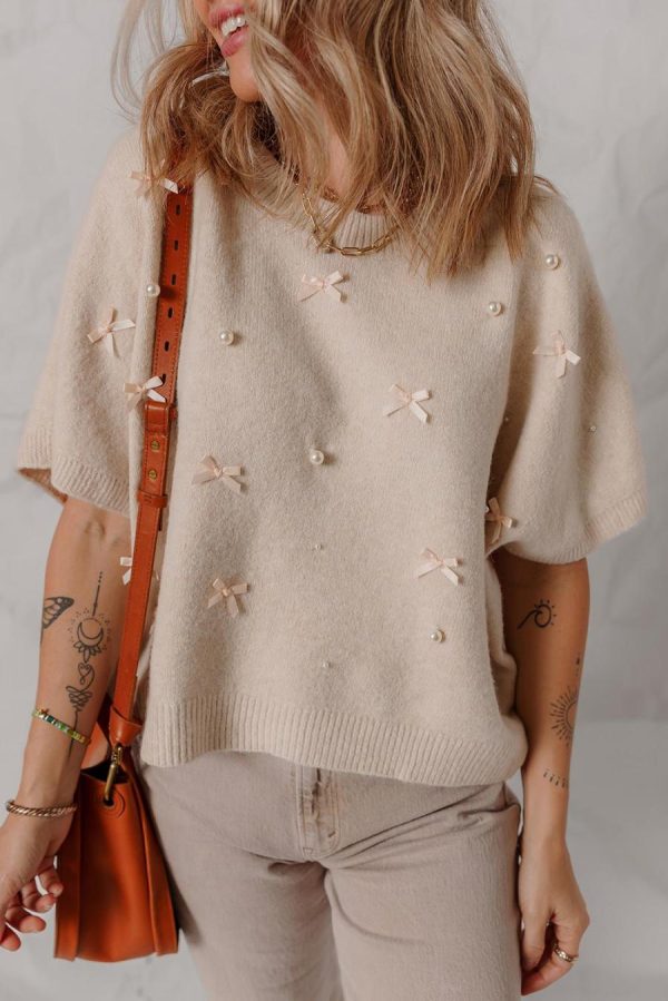 Knit Tops | Oatmeal Pearl Bow Embellished Dolman Short Sleeve Sweater - Women - Image 4