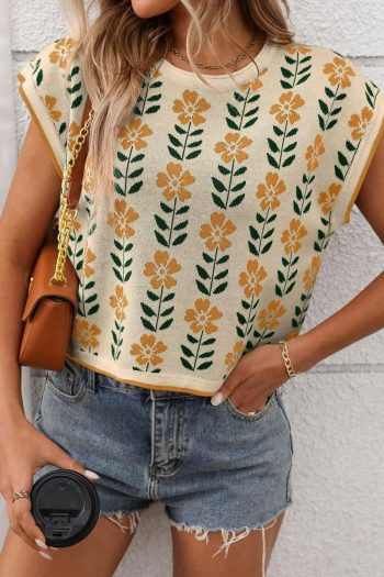 Knit Tops | Parchment Floral Round Neck Sleeveless Knit Top - Women